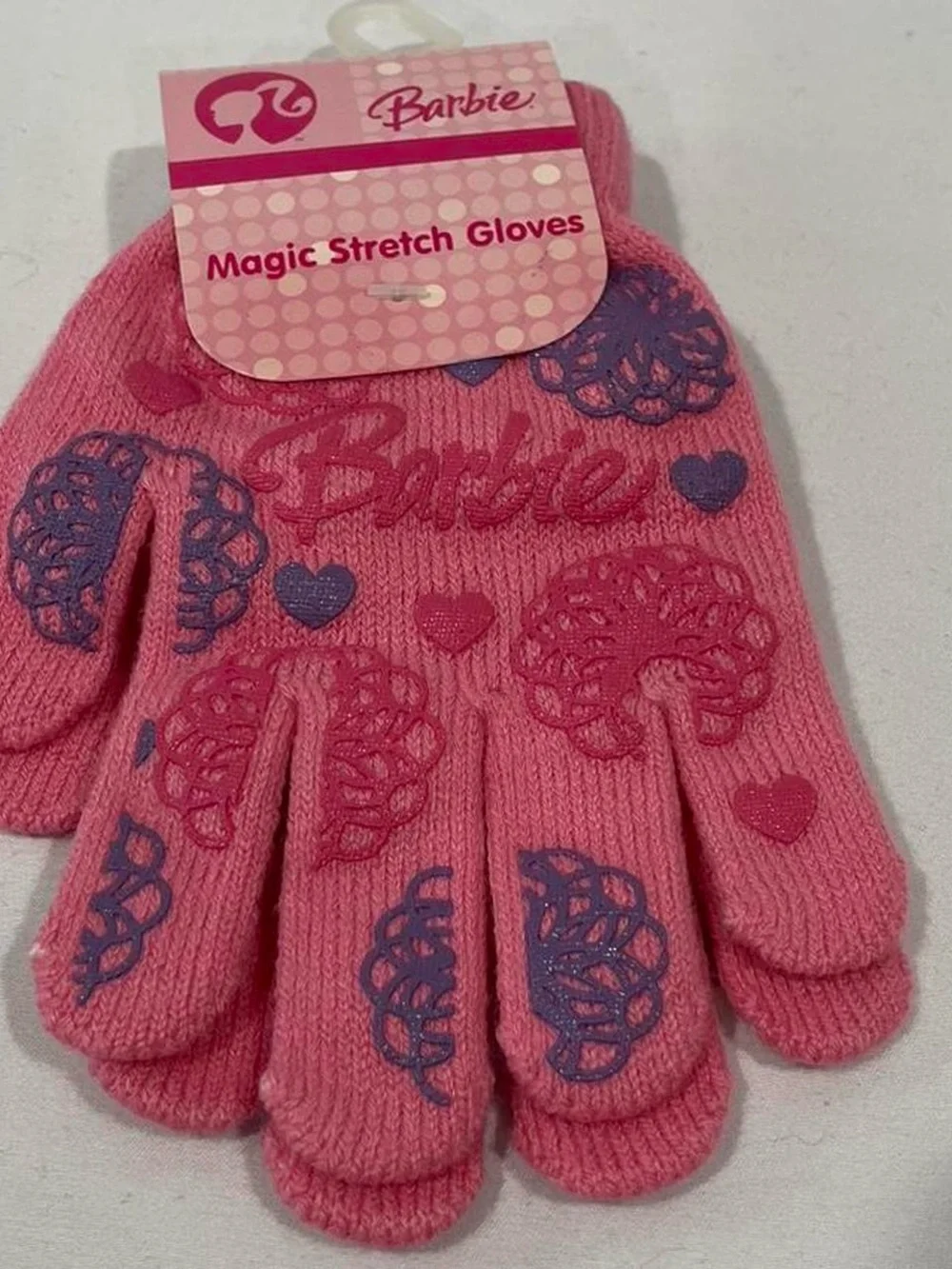 Barbie Pink Gloves with Purple Heart & Swirl Accents